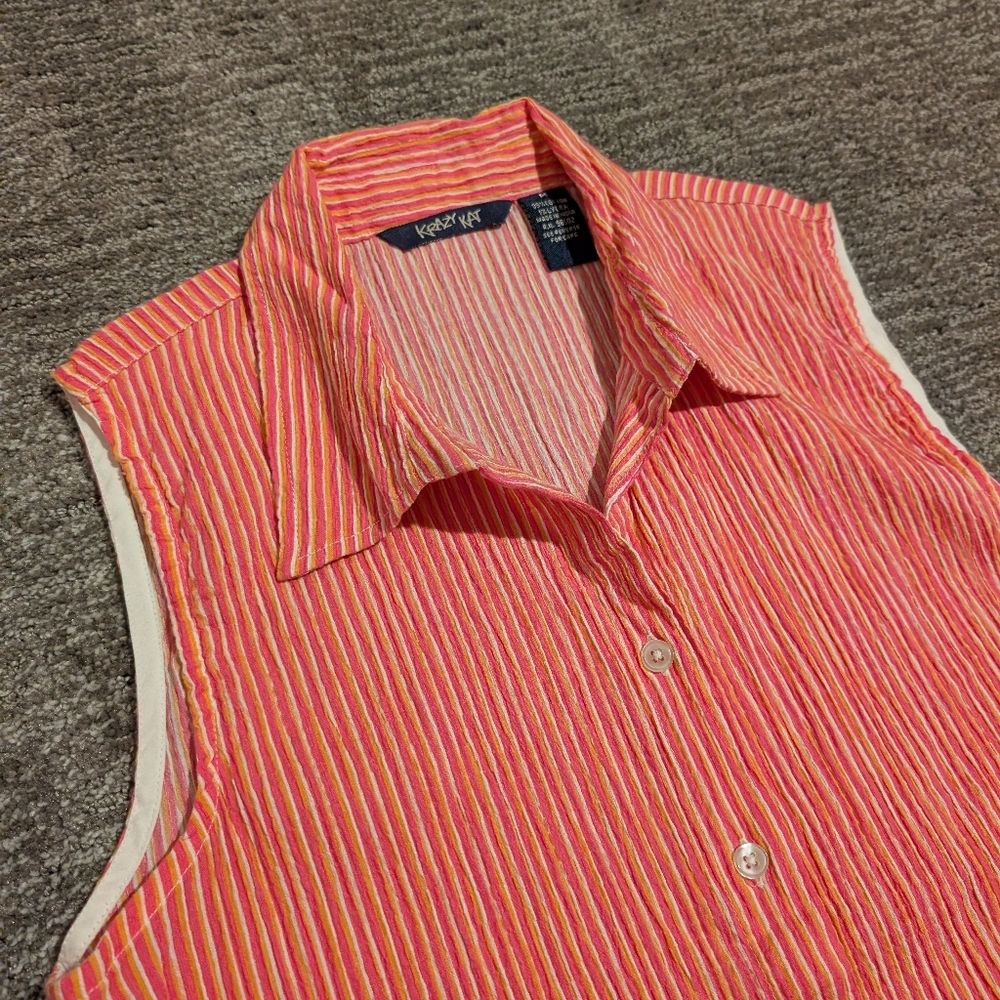 Krazy Kat Pink Orange White Striped Sleeveless Button-Up Shirt NWT - Medium - Picture 2 of 11